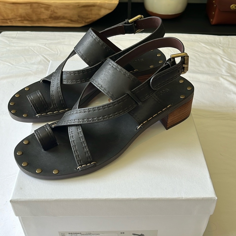 See By Chloe Toe Ring Moto Style Studded Block Heel Sandals-Black-Size 9 (39)
